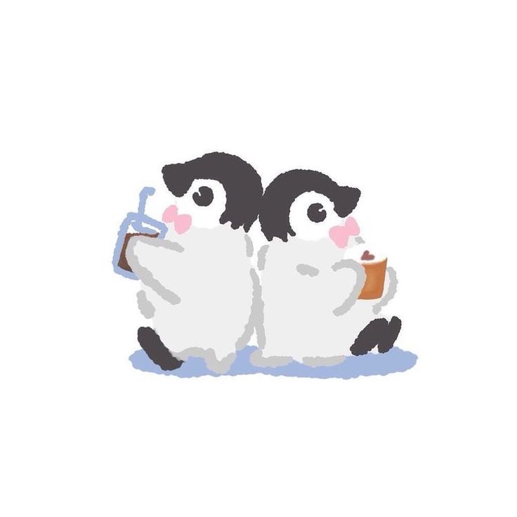 two black and white penguins sitting next to each other holding a drink in their paws