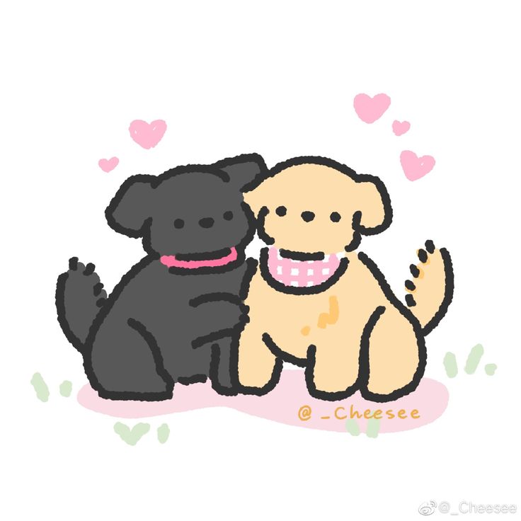 two dogs sitting next to each other with hearts on the ground in front of them