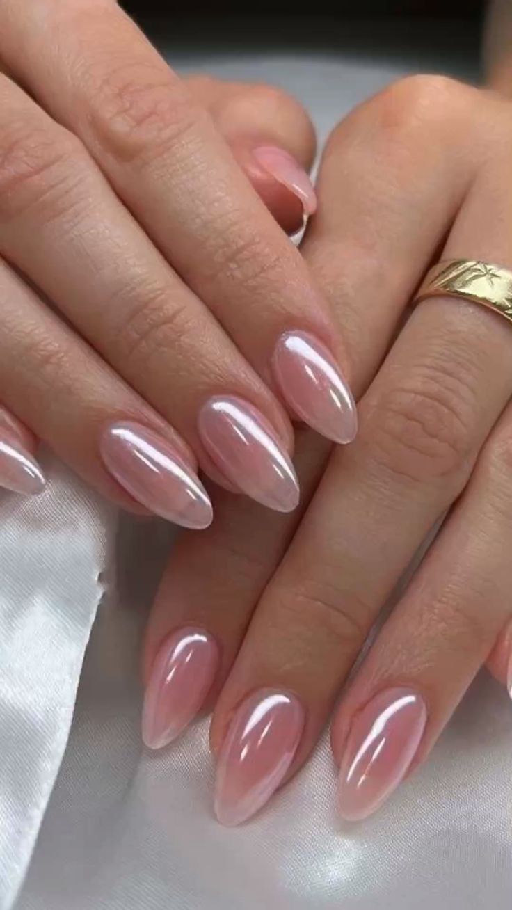 Simple Girly Nails Classy, Classy Girl Nail, Hoco Nails Chrome, Ombre French Nails Chrome, Hoco Nails Almond Shape, Medium Length Gel X Nails, Pink Chrome With Design, Neutral Nails Oval Shape, Neutral Clean Nails