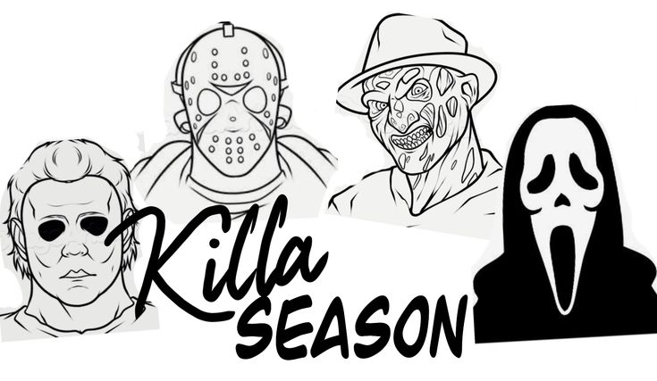 three people with masks on their faces and the words kill season written in black ink