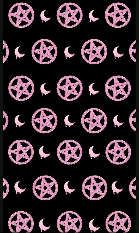 a black background with pink pentagrams and crescents on it's sides