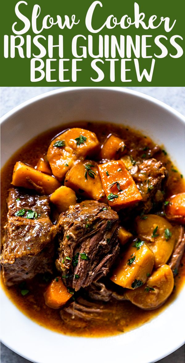 slow cooker irish guinness beef stew in a white bowl