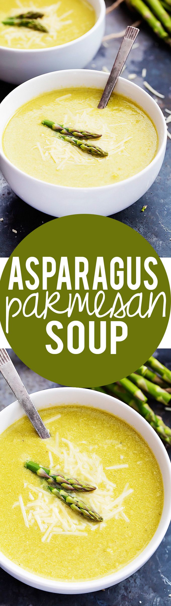 asparagus parmesan soup in two white bowls