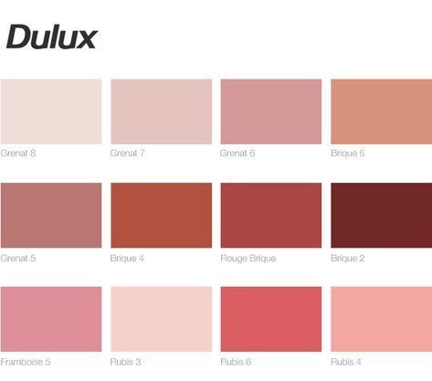 the color chart for dulux is shown in shades of pink, red and brown