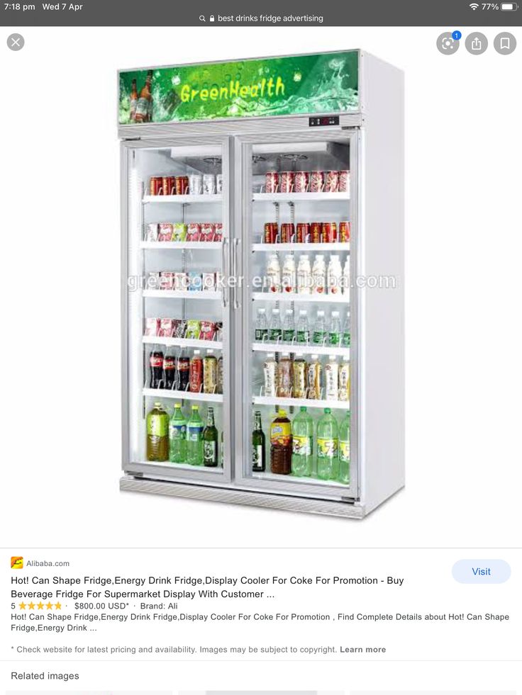 two glass door refrigerators filled with drinks and beverages, both have the doors open