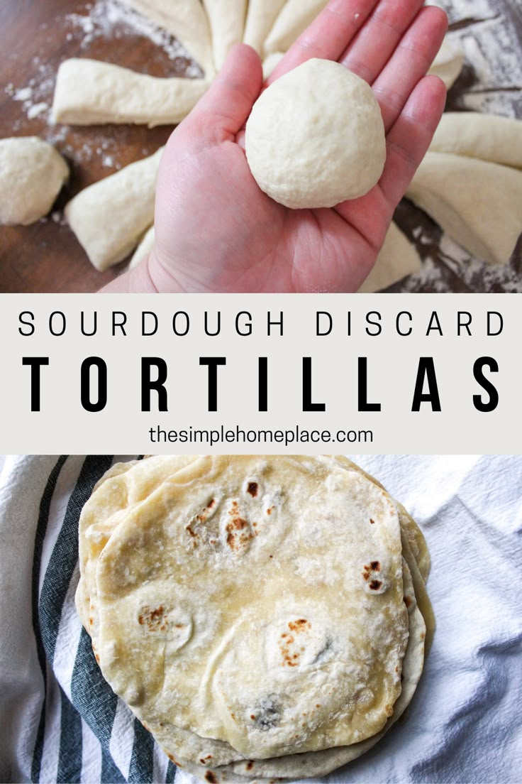 a hand holding a tortilla on top of a wooden table next to dough