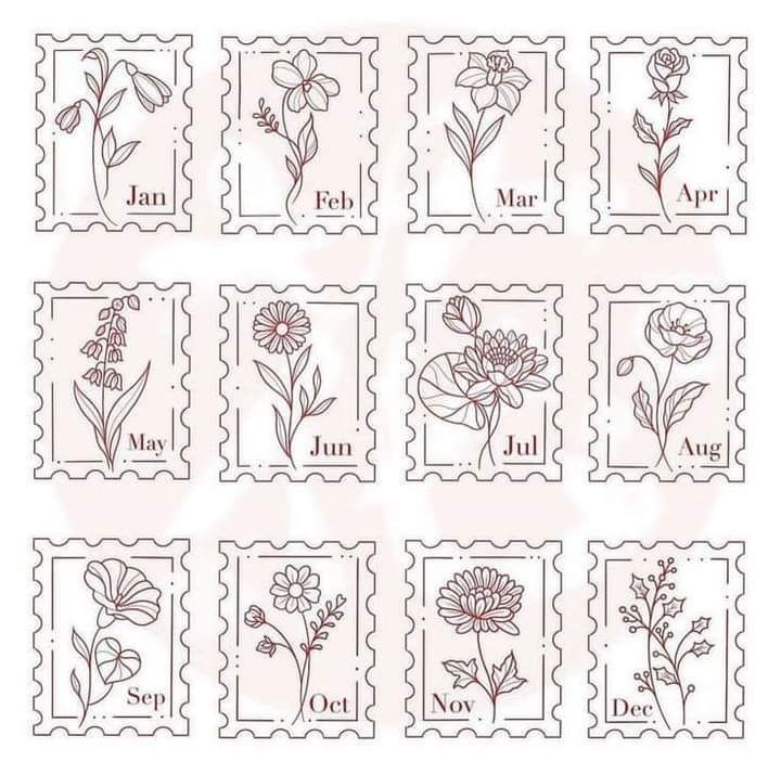 stamps with flowers and the names of each letter