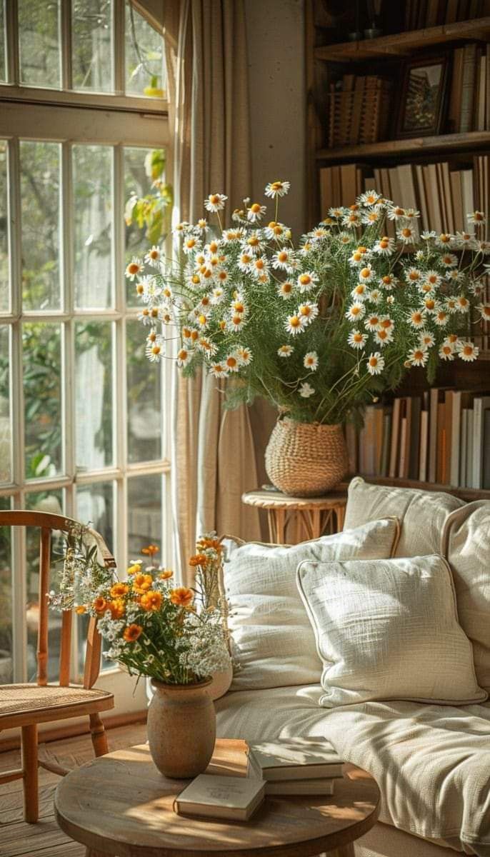 a living room filled with lots of furniture and flowers on top of a coffee table