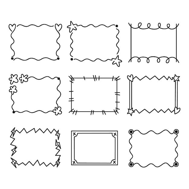 a set of nine frames with different shapes and sizes, each one drawn in black ink