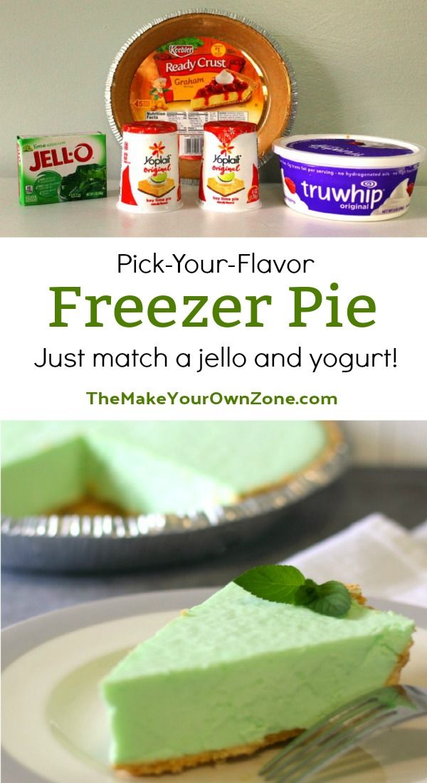 a slice of pie on a plate with yogurt in the background and text overlay reading pick - your - flavor freezer pie just match a jello and yogurt