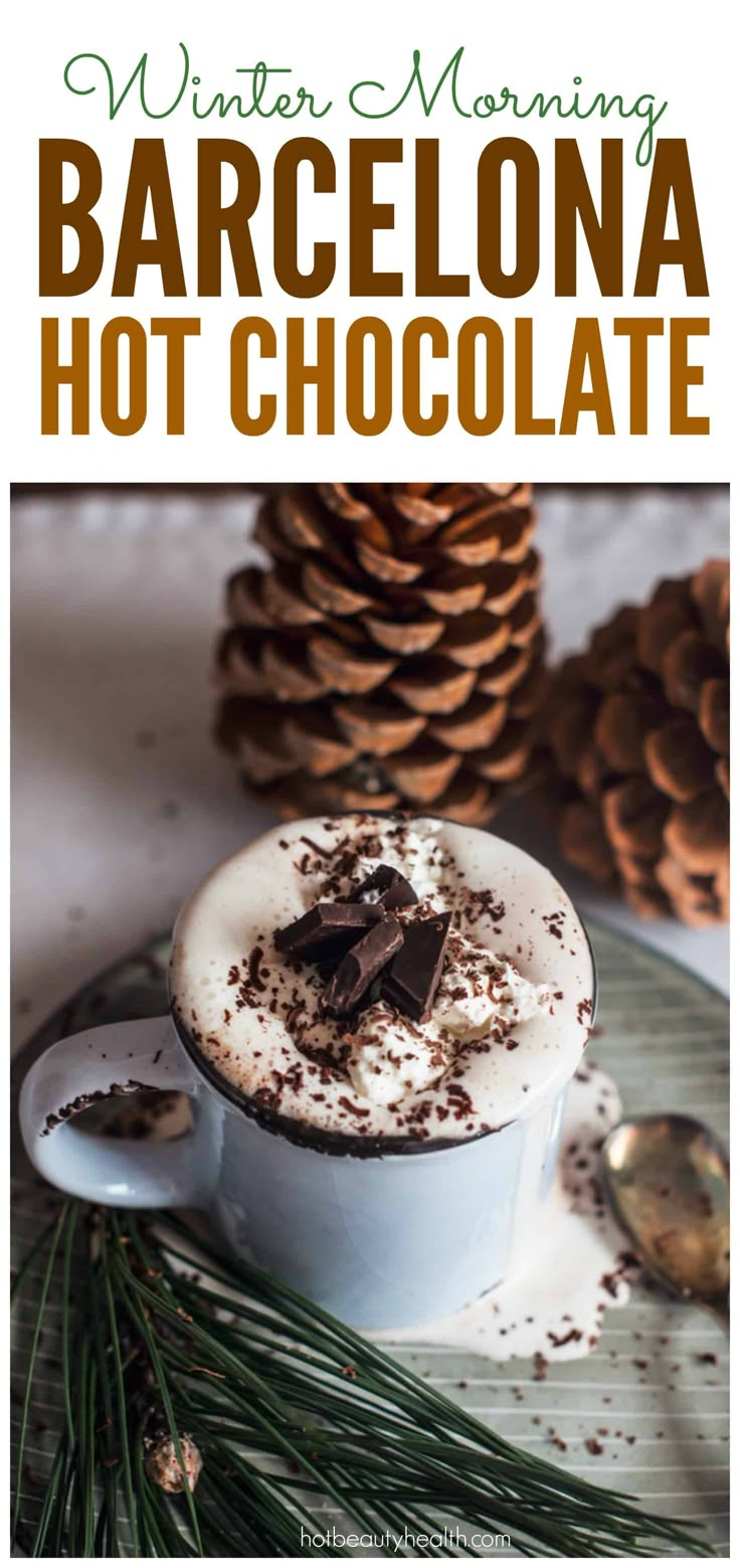 a cup of hot chocolate sitting on top of a saucer next to pine cones