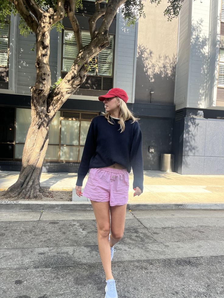 red and blue outfit fall inspiration boxer short trend Boxer Short Outfits, Boxers Outfit Female, Pajamas Shorts Outfit, Red Shorts Outfit, Boxer Outfit, Striped Shorts Outfit, Boxer Shorts Outfit, Boxer Shorts For Women, Womens Boxer Shorts