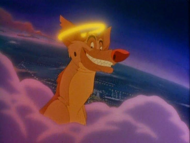 a cartoon dog with an angel halo on its head sitting in the clouds and looking at something