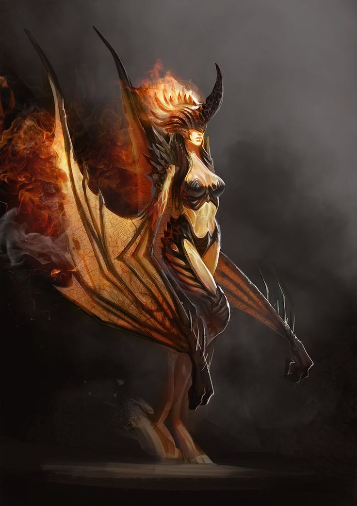 a fire breathing creature with horns and wings