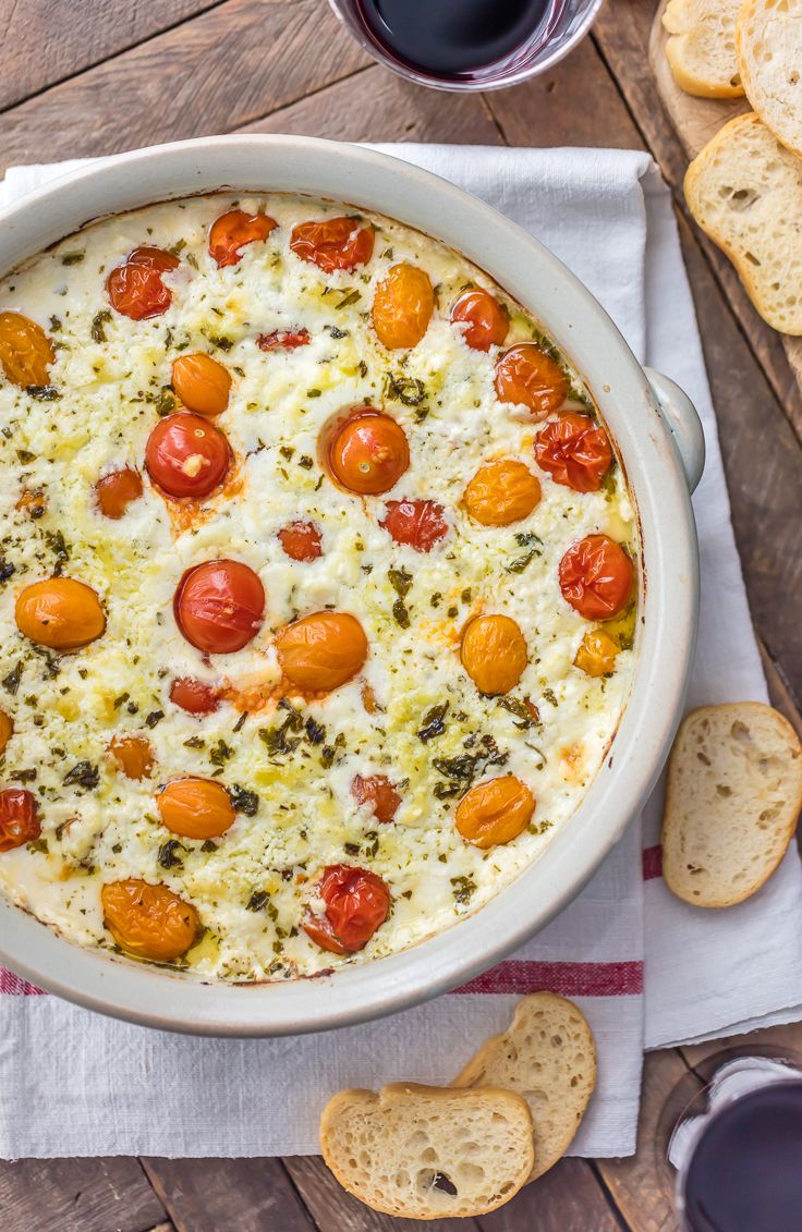 two pictures showing different types of pizza with cheese and tomato toppings, one in a casserole dish the other in a bowl