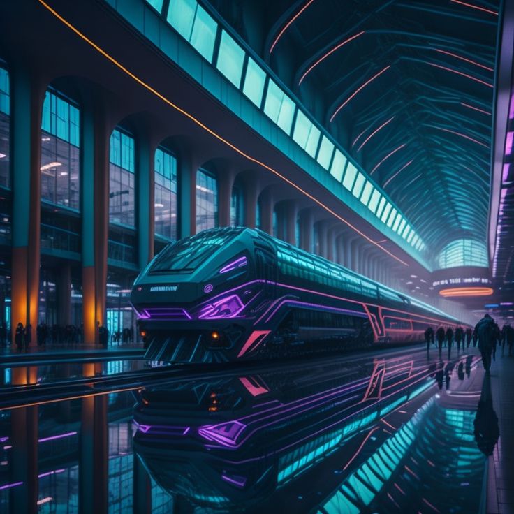 a train is parked in the middle of an empty station with people walking around it