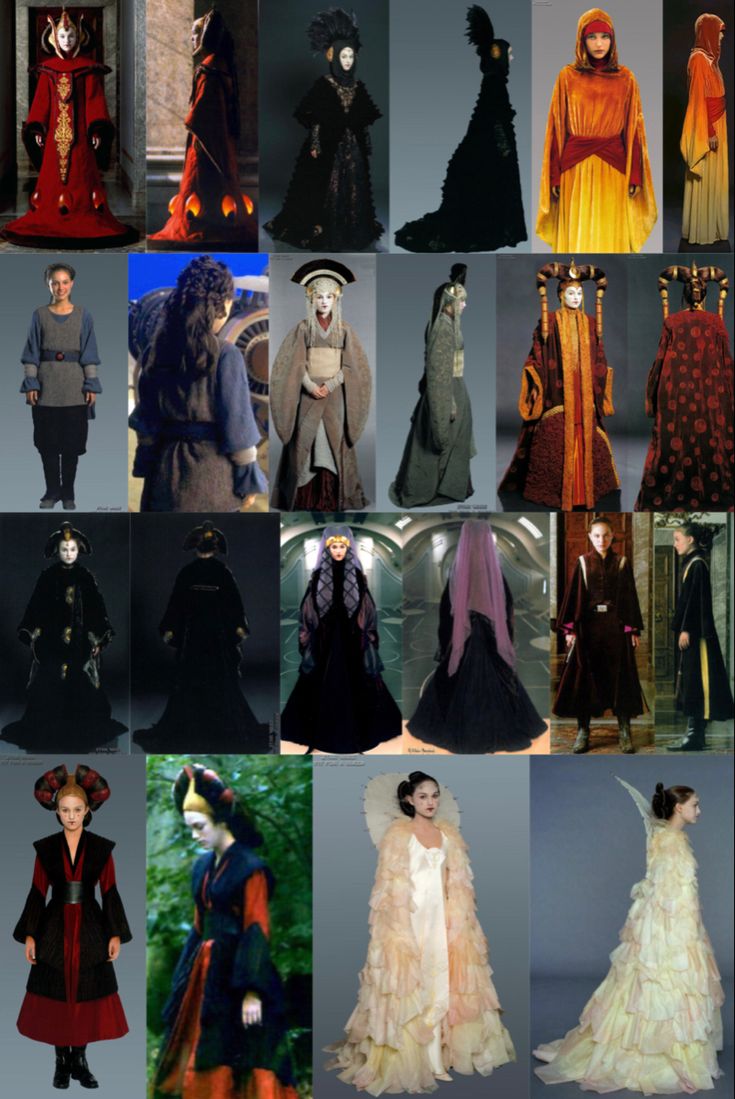 many different types of costumes are shown in this collage, including gowns and hats