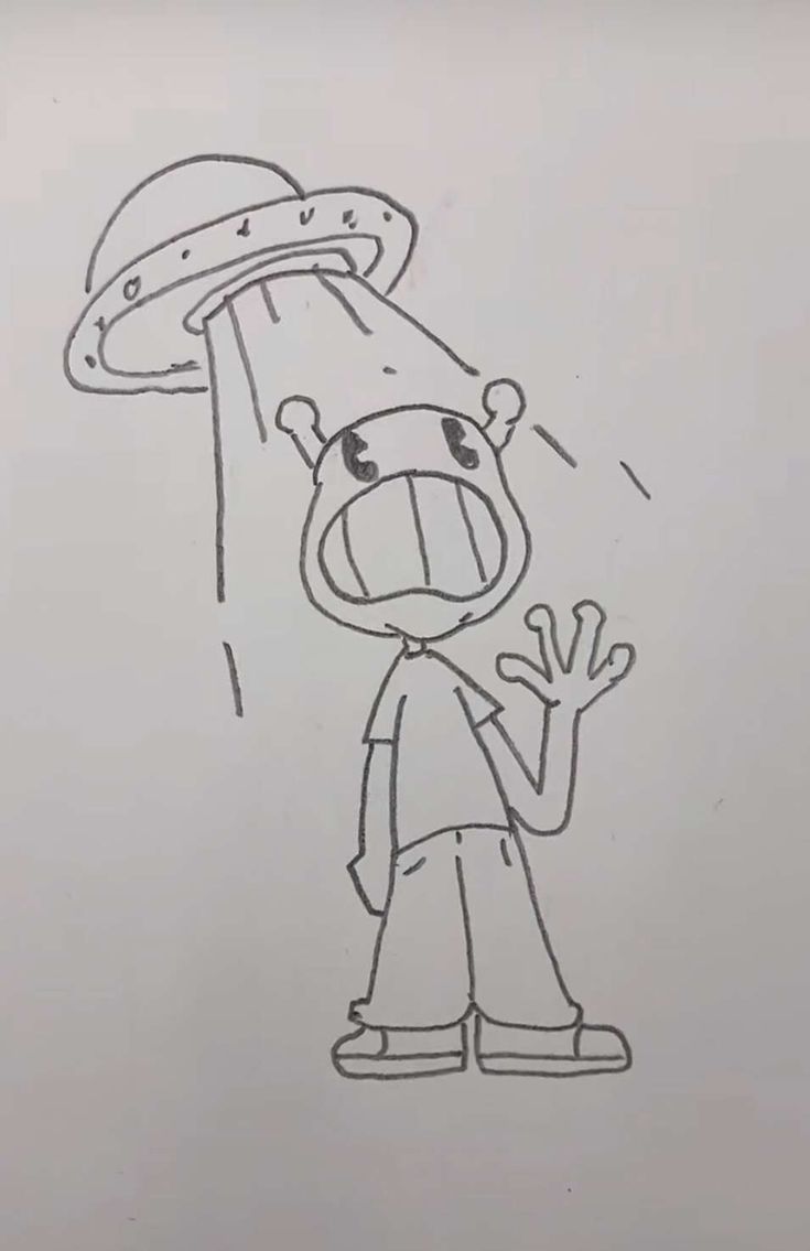 a drawing of a cartoon character with an umbrella over his head and hands in front of him