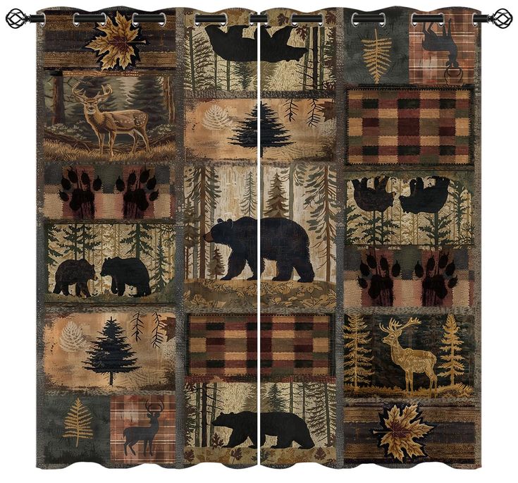 the bear and moose patchwork curtain is hanging in front of a white wall with trees