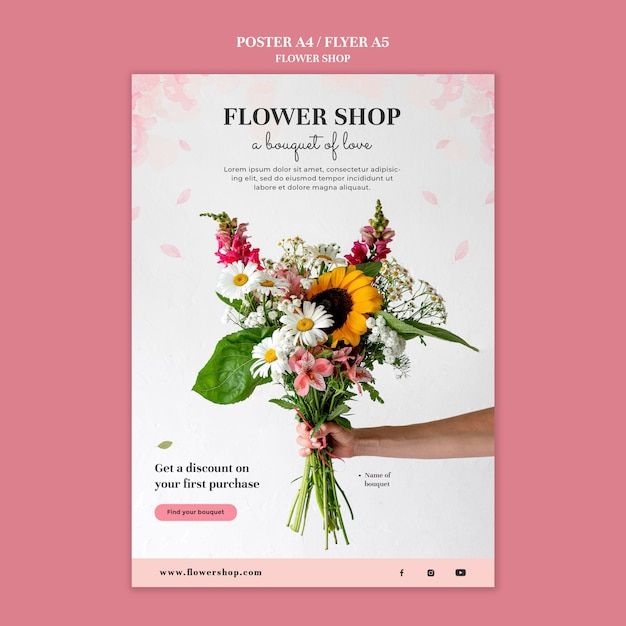 the flower shop flyer is displayed on a pink background