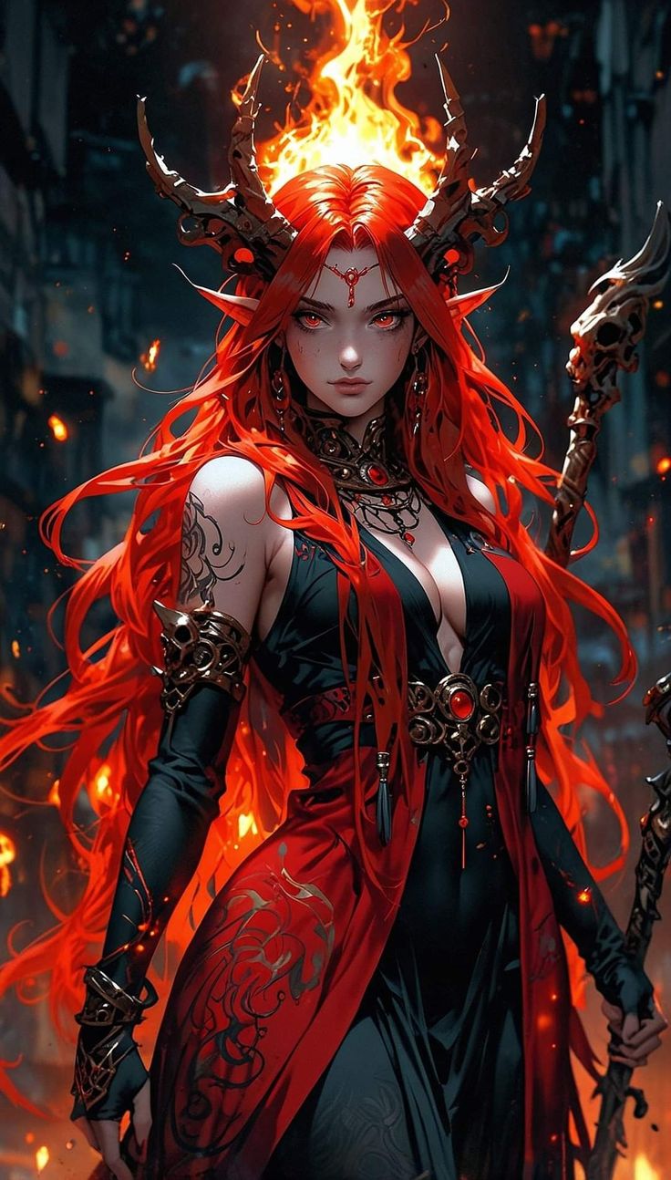 a woman dressed in red and black with horns on her head, holding two swords