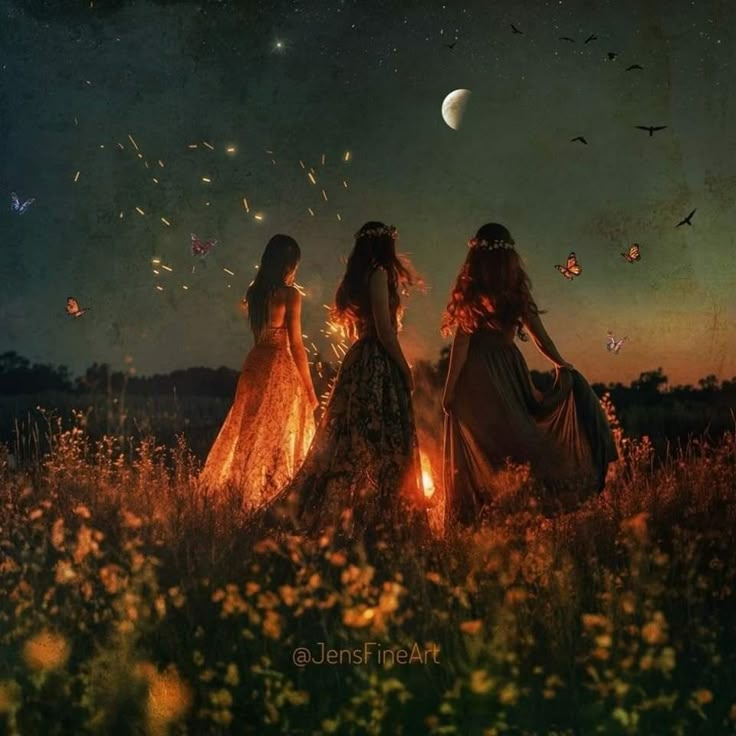 three women standing in a field at night with the moon shining behind them and birds flying overhead