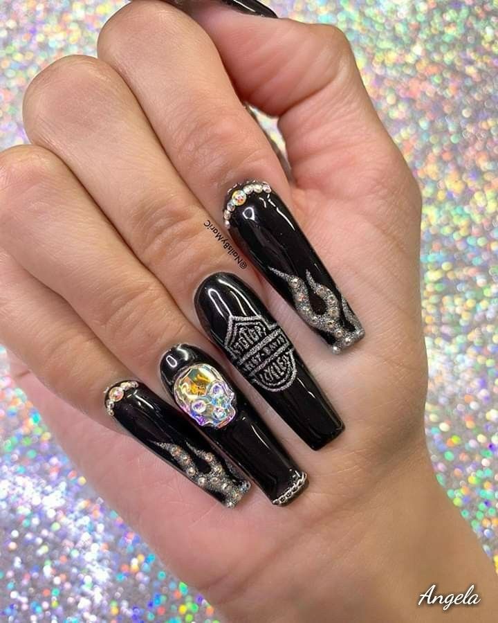 Harley Nails Designs Art Ideas, Biker Chic Nails, Biker Nails Designs Harley Davidson, Sturgis Nail Design, Harley Davidson Nails Ideas, Motorcycle Nails Designs, Harley Davidson Nails Design, Nails Motorcycle, Sturgis Nails