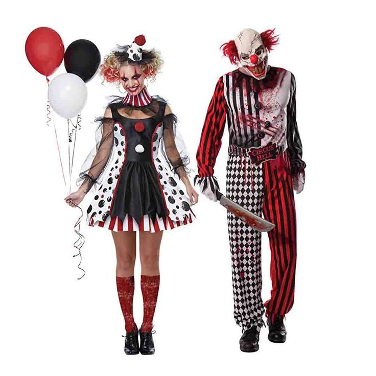 two people dressed up as clowns and one is holding a knife while standing next to each other