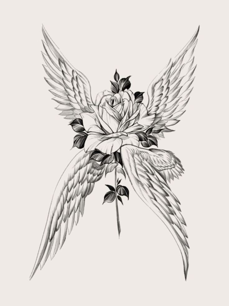 a black and white drawing of a flower with wings