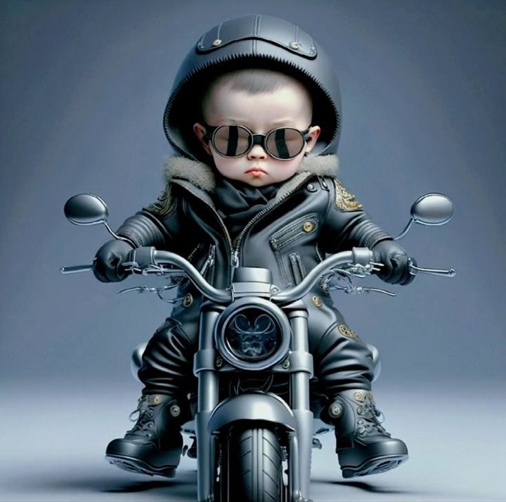 a small child is sitting on top of a motorcycle wearing sunglasses and a leather jacket