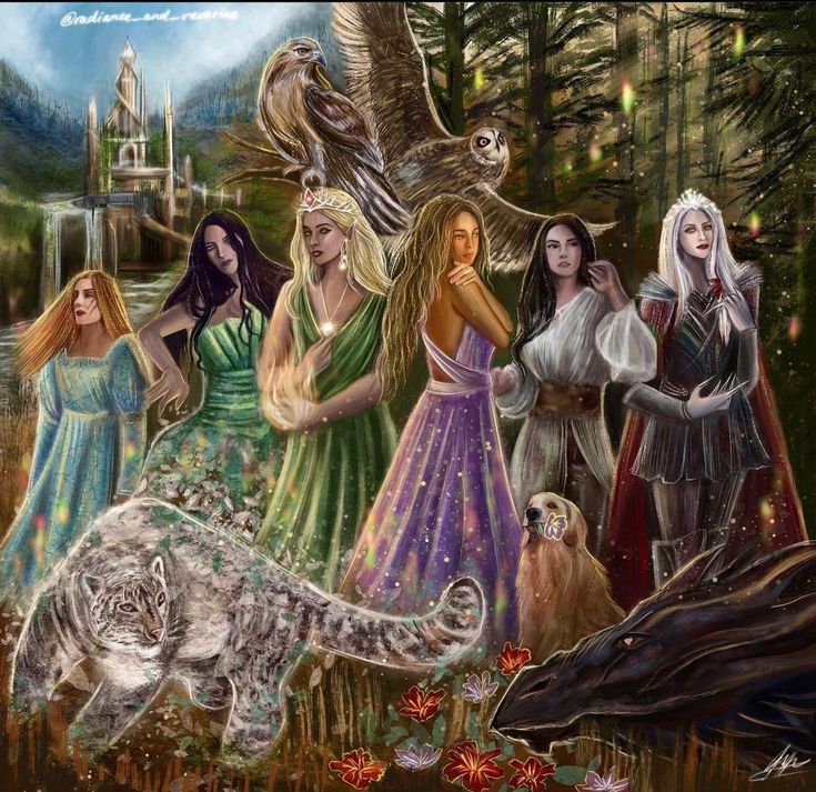 a group of women standing next to each other in front of a bird and wolf