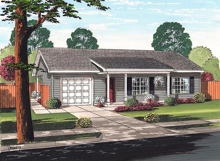 this is a colored rendering of the front of a house with two garages on each side