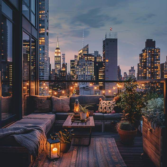 an outdoor living room with city lights in the background