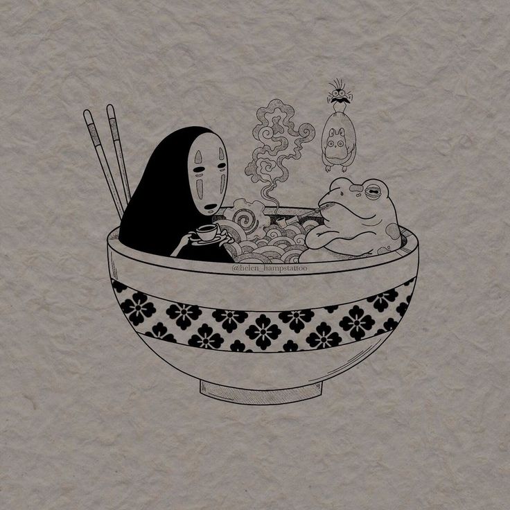 a bowl with food and chopsticks in it that is drawn on the paper