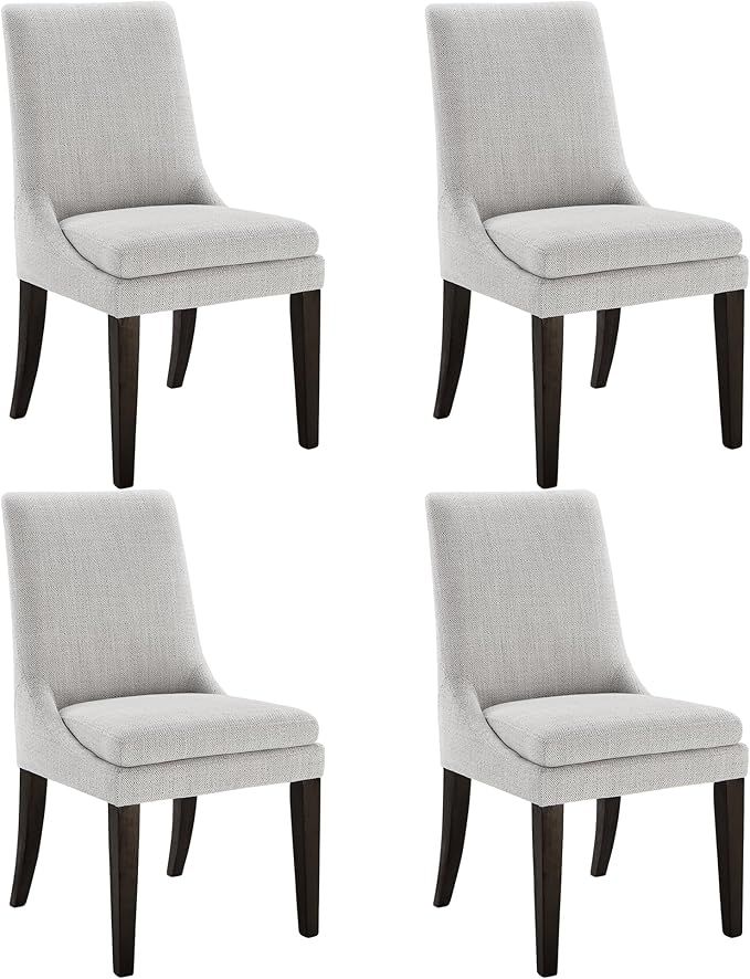 four chairs are shown side by side in three different positions, one is light gray and the other has dark wood legs