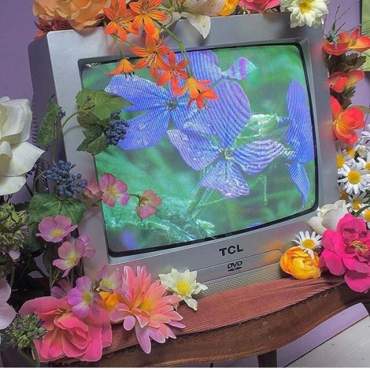 an old television surrounded by flowers on a table