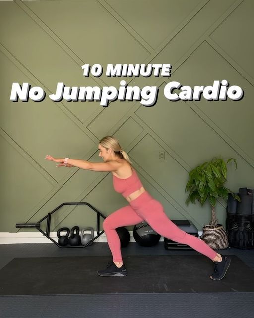 a woman in pink is doing exercises on a black mat with the words 10 minute no jumping cardio