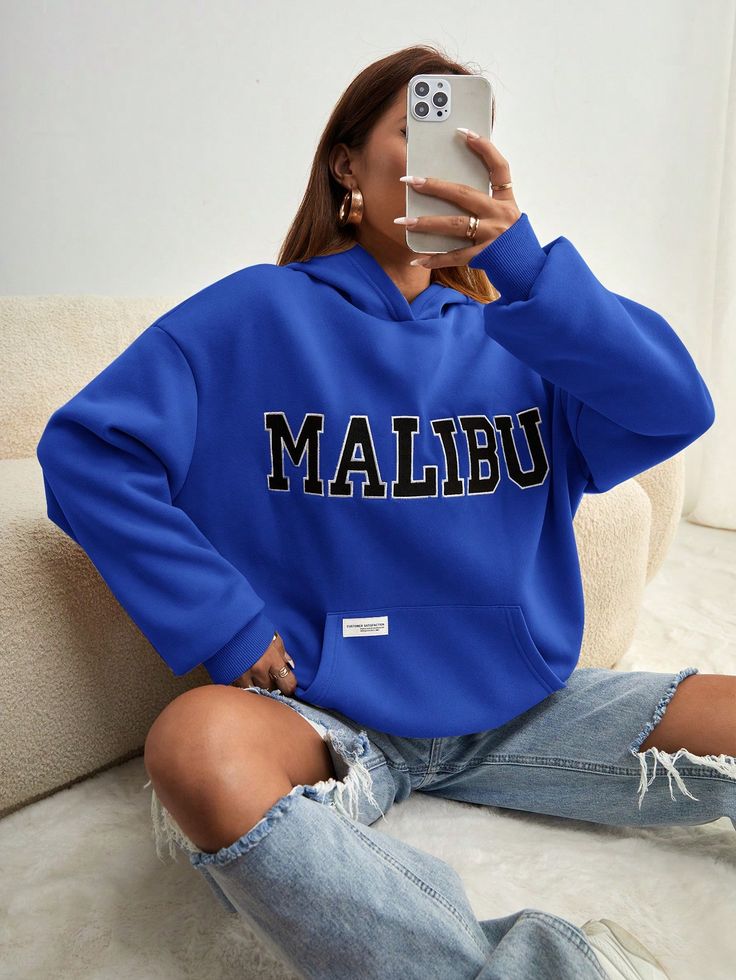 Royal Blue Casual Collar Long Sleeve Fabric Letter Pullovers Embellished Slight Stretch  Women Clothing Blue Graphic Hoodie, Blue Hoodie Outfit, Hoddies Outfits, Royal Blue Hoodie, Casual Chique Stijl, Bday Wishlist, Aniversary Gifts, Camel Style, Style Désinvolte Chic