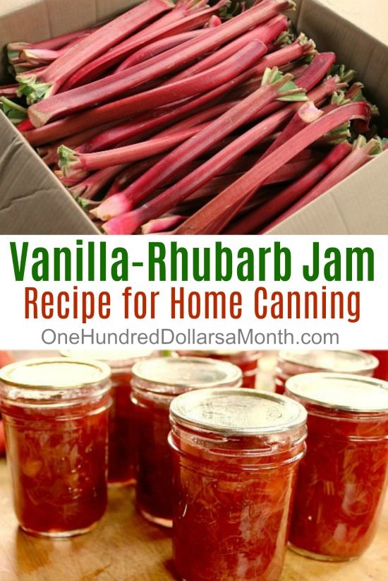 several jars filled with pickled rhubarb jam on top of a wooden table