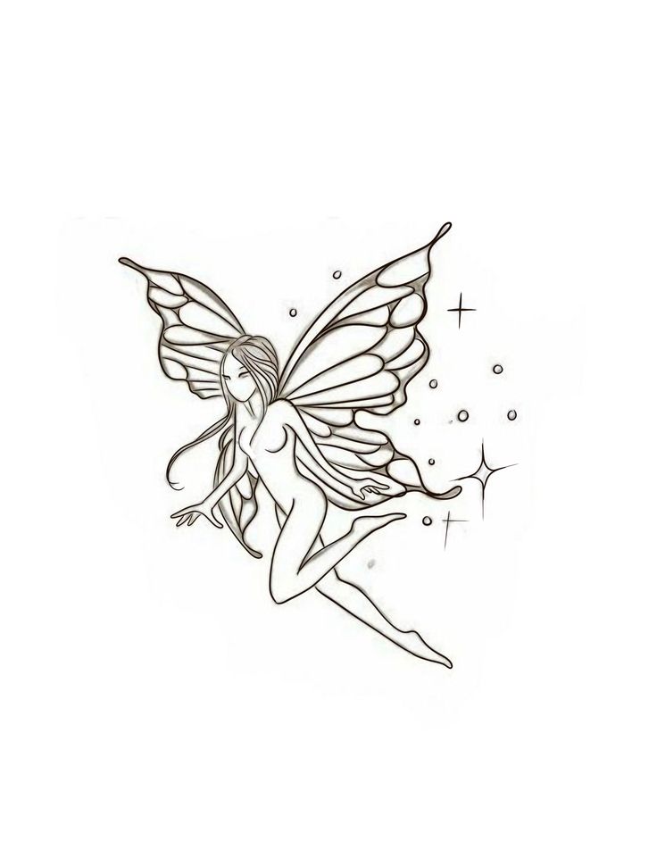 a drawing of a fairy sitting on the ground with her wings spread out and stars in the background