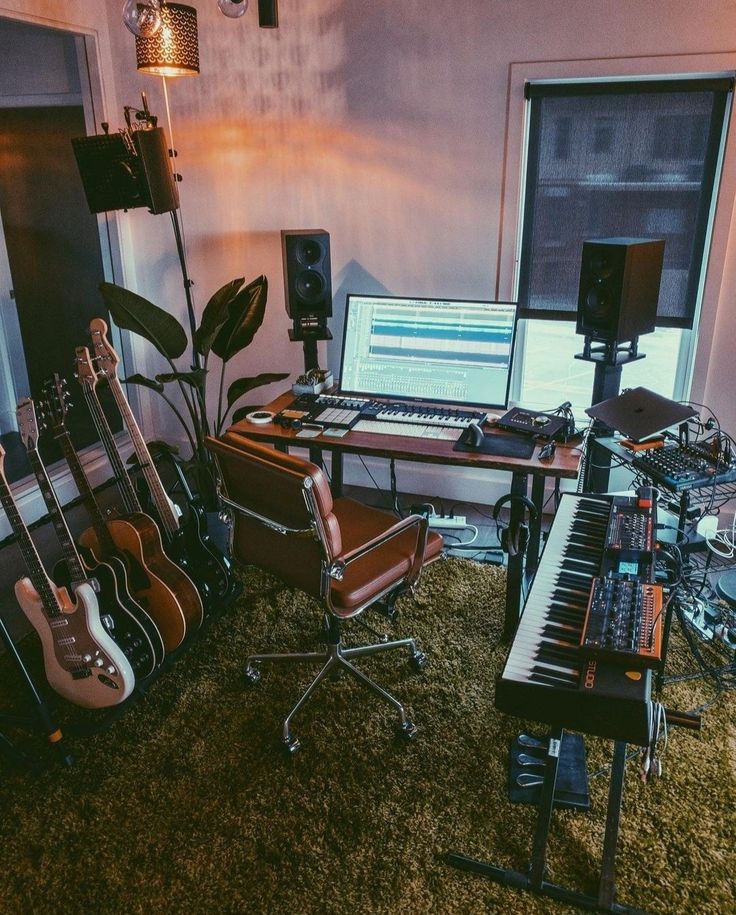 a room filled with musical instruments and sound equipment