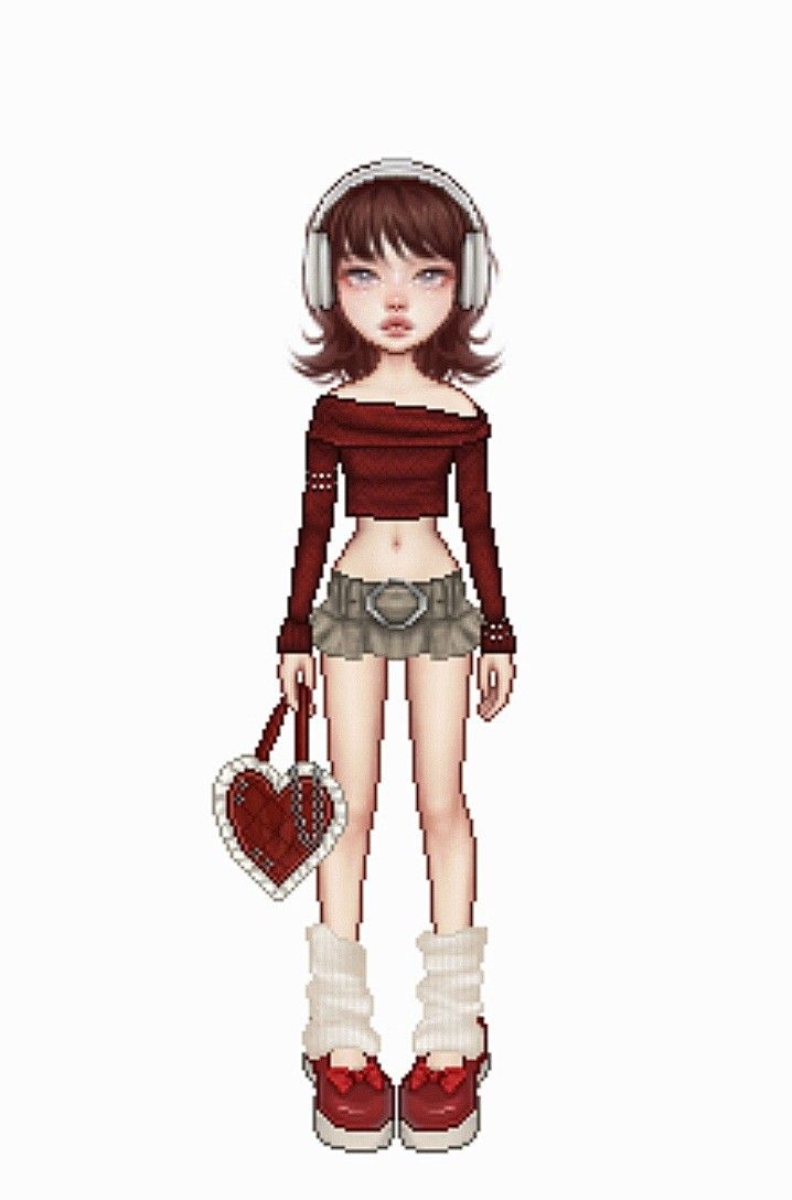 a girl wearing headphones and holding a heart shaped purse with her hands in her pockets