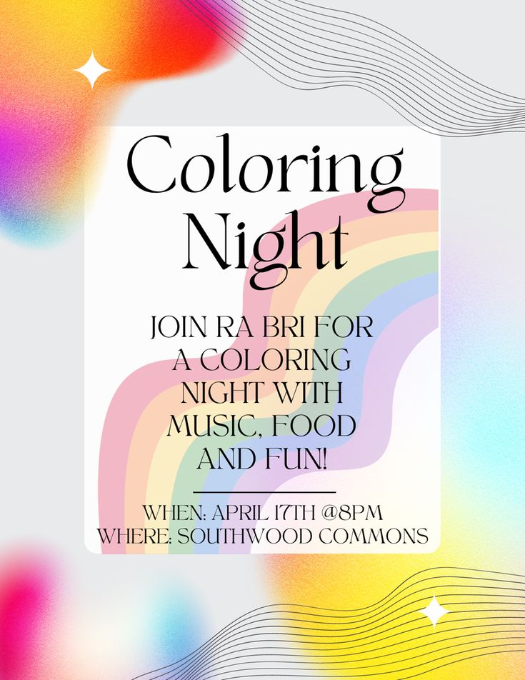 a poster with the words,'coloring night'and an image of a rainbow