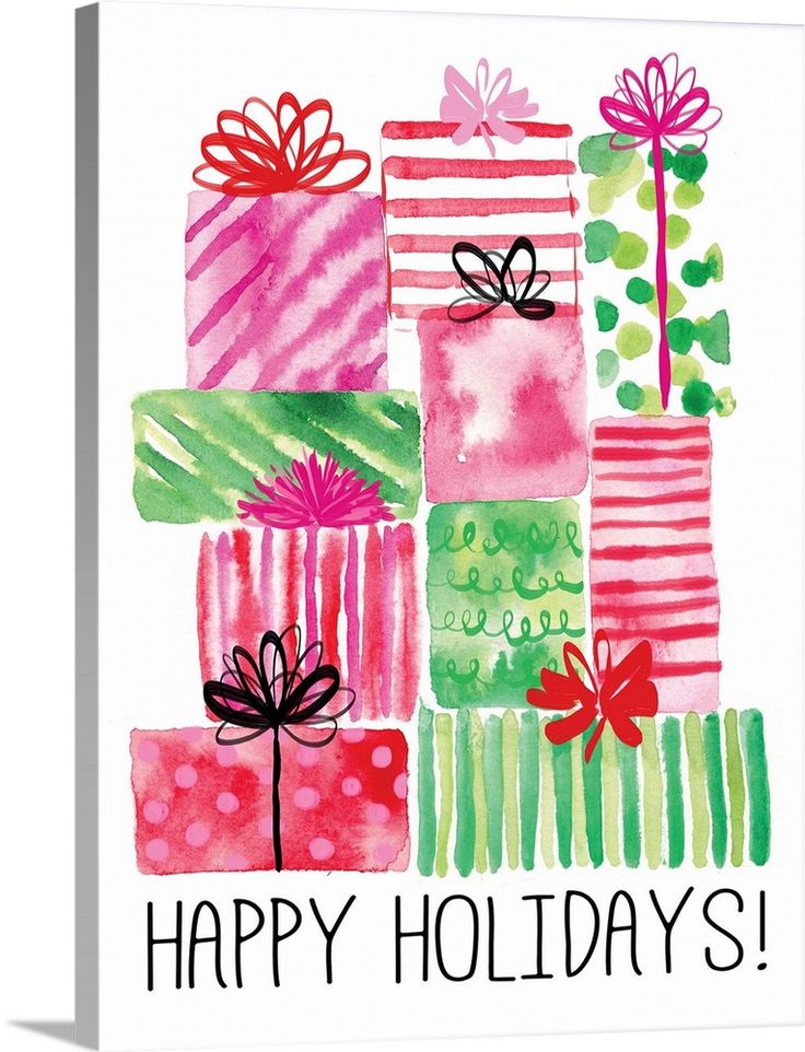 a happy holiday card with lots of presents