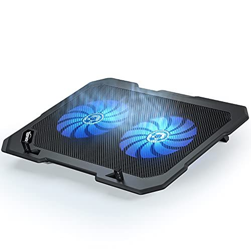 an image of a laptop cooling pad with blue lights on the side and black frame