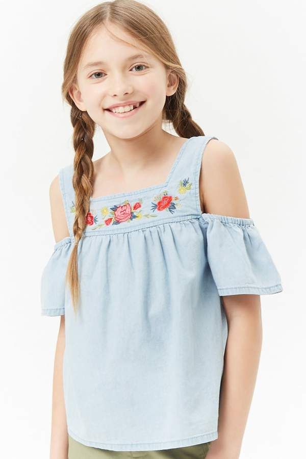 Forever 21 Girls Embroidered Open-Shoulder Chambray Top (Kids) | Tween ...