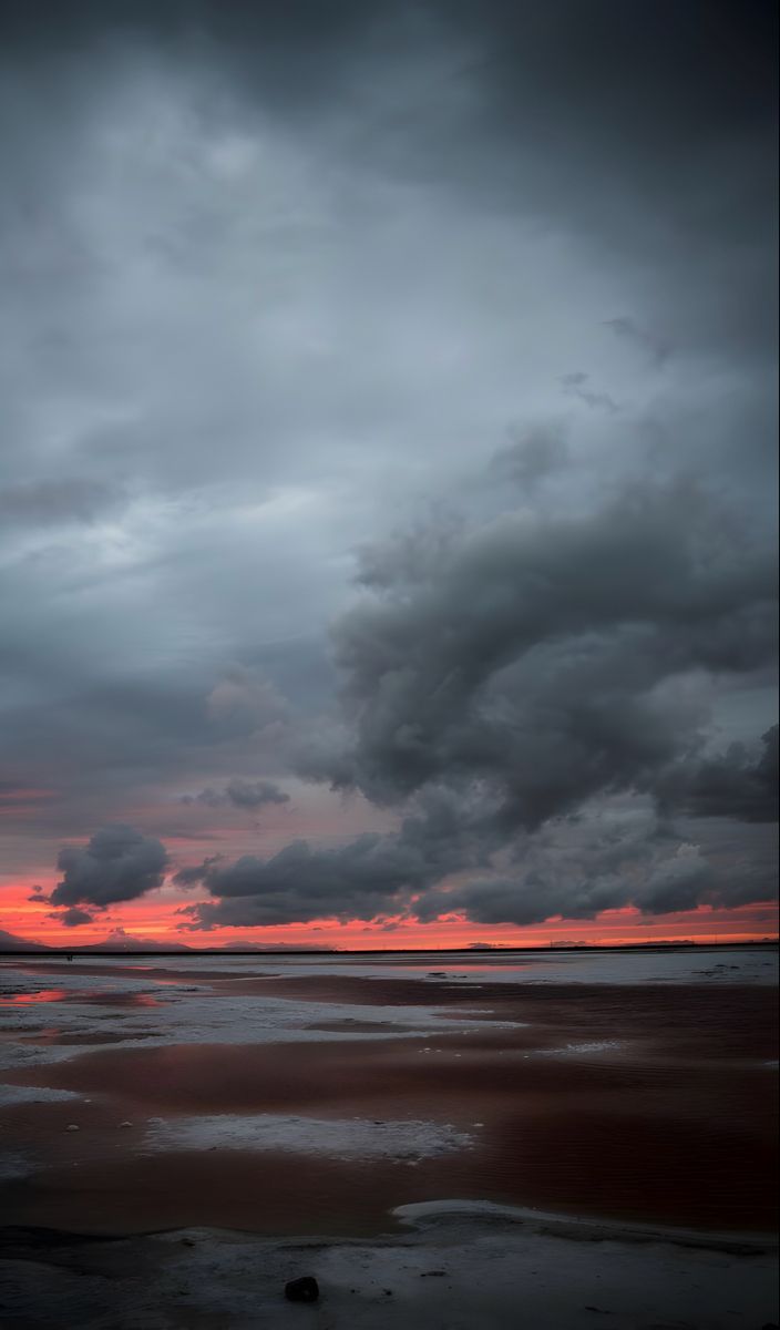 the sky is dark and cloudy as the sun sets on the horizon in the distance