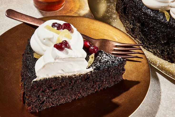 a piece of chocolate cake with whipped cream and cherries