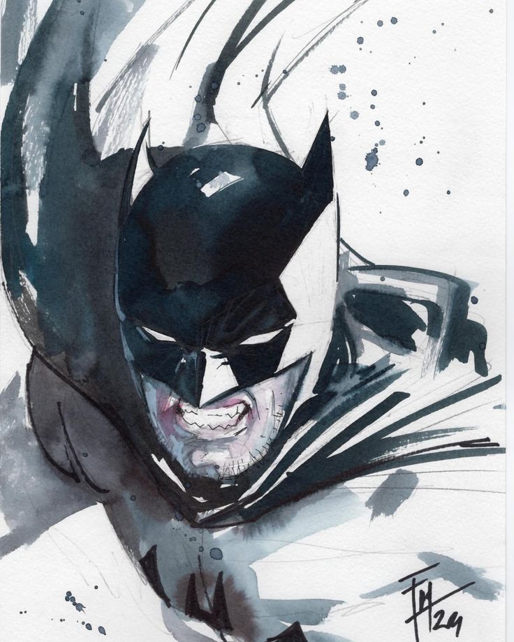 a drawing of the batman in black and white with watercolors on it's face