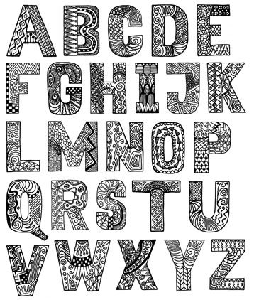 the alphabet is made up of doodled letters and numbers, all in black and white